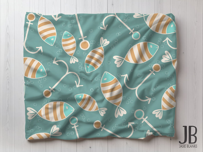 Blue Fish Bait and Hooks Plush Blanket