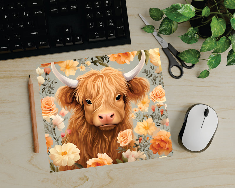 Boho Floral Highland Cow Mouse Pad