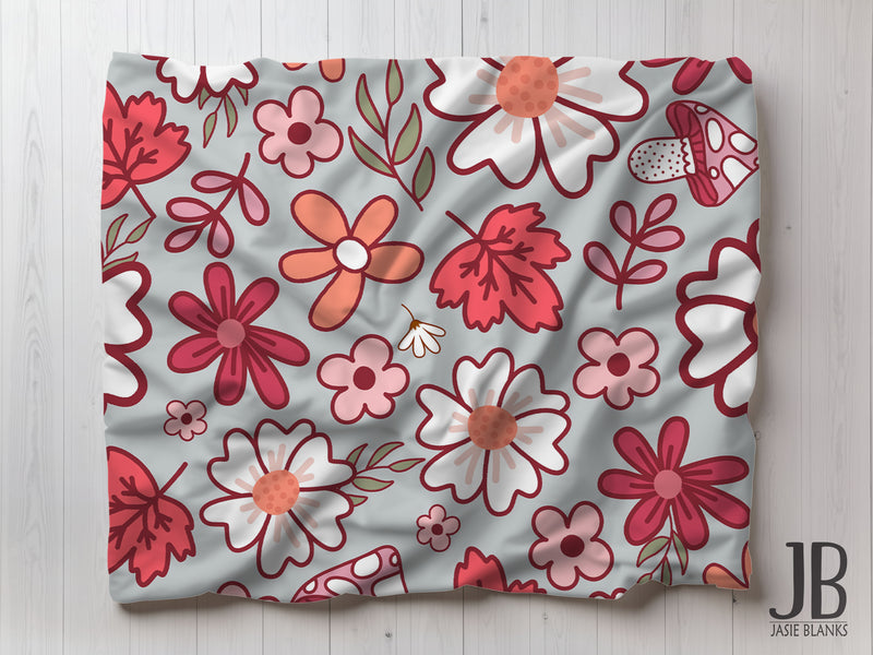 Pink Flowers and Mushrooms Fall Plush Blanket