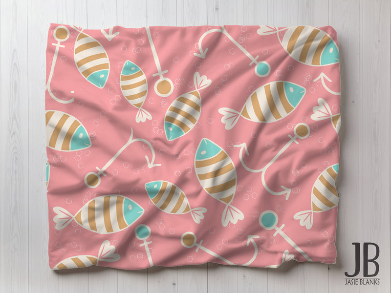 Pink Fish Bait and Hooks Plush Blanket