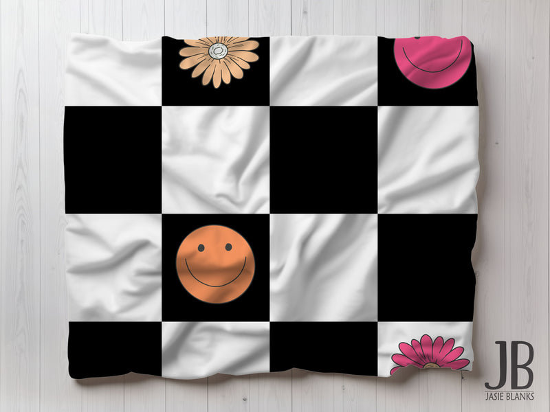 Smiley Face and Flowers Checkered Plush Blanket