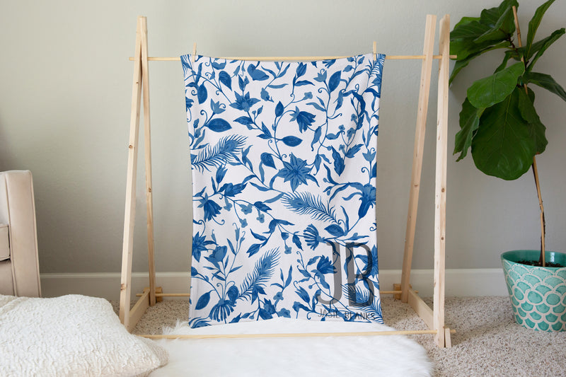 Blue and White Floral Plush Blanket