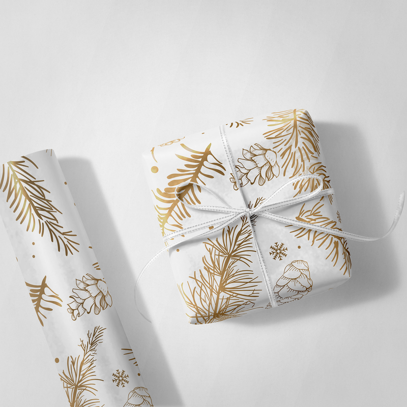 White and Gold Christmas Leaves Wrapping Paper