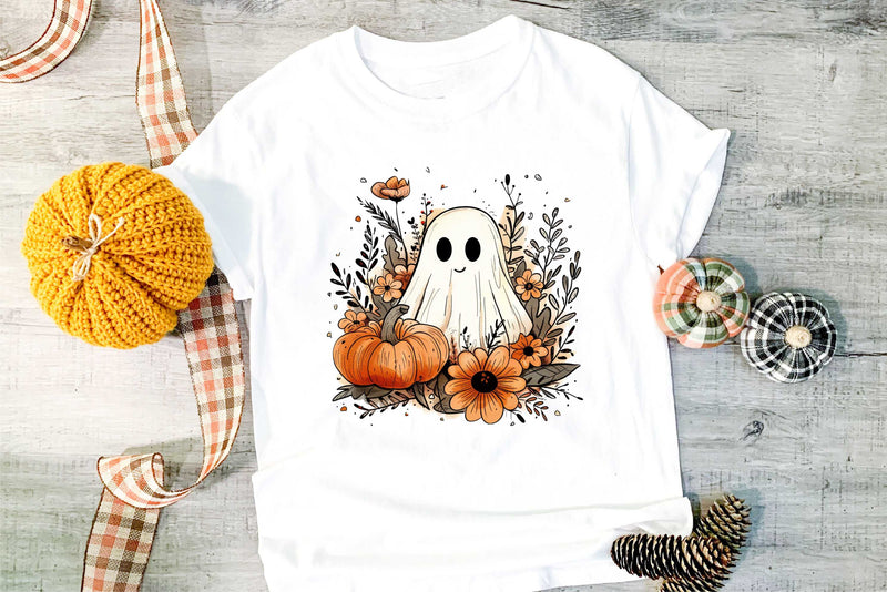 Cute Ghost w/ Pumpkins and Flowers- Transfer