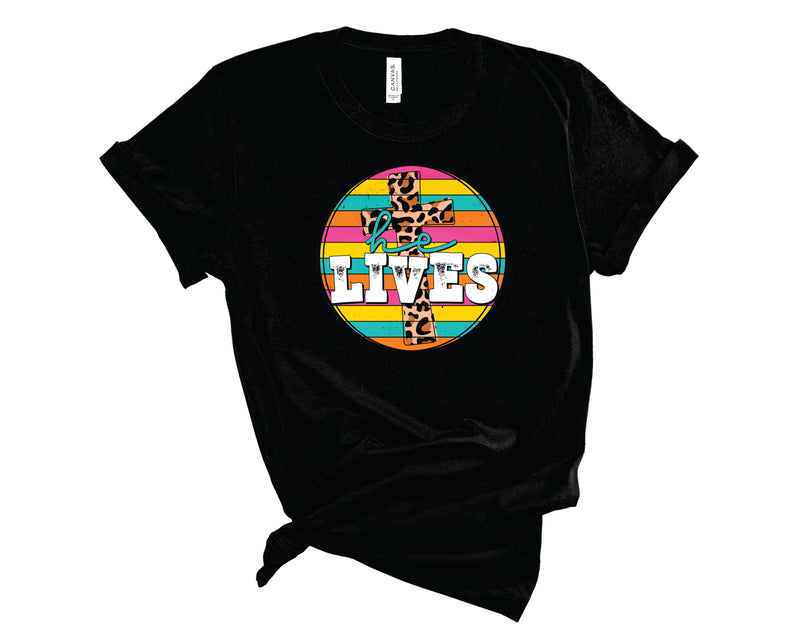 He Lives Circle Cross Leopard Bright - Graphic Tee