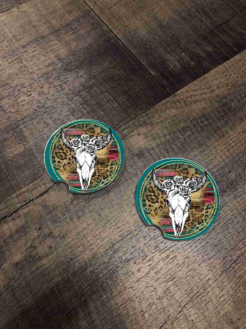 Car Coasters - Leopard Serape Cow Skull