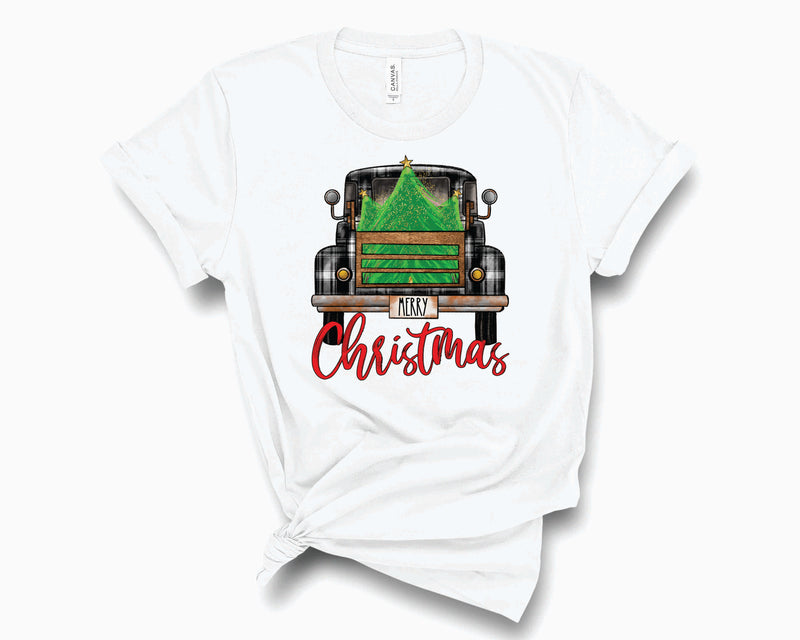 Merry Christmas Tree Truck BW Plaid- Graphic Tee