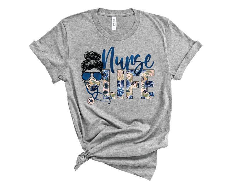 Nurse Life Messy Bun Blue Floral - Graphic Tee