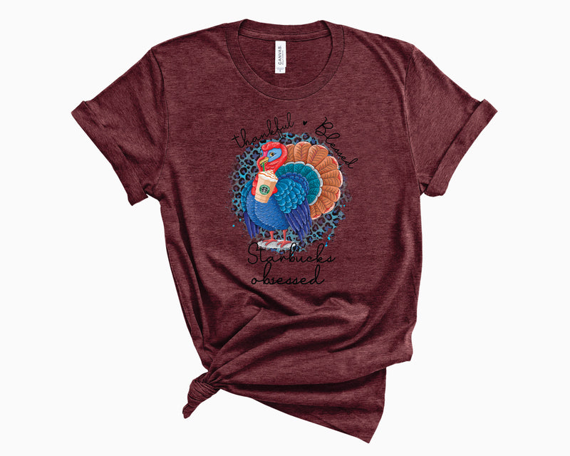 Thankful Blessed Turkey Blue Leopard- Graphic Tee