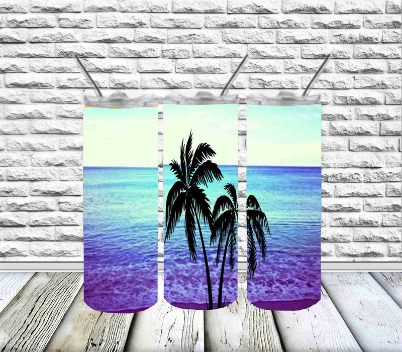 20 Skinny Sublimation Wrap- Beach with Palm Tree